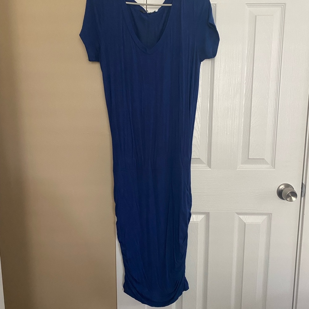 Prana Blue Ruched V-Neck Bodycon Midi Dress